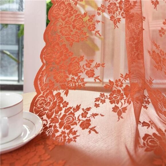 Burnt Orange Sheer Curtains 63 Inch Length 2 Panels, Rustic Lace Floral Fall - Picture 5 of 8